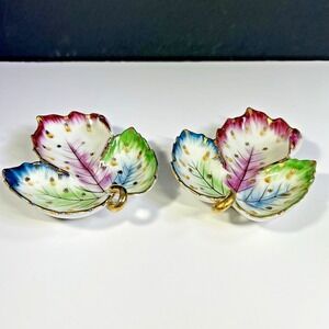 Retro Vintage Pair Hand Painted Porcelain Leaf Candy Trinket Dishes Gold Trim x2
